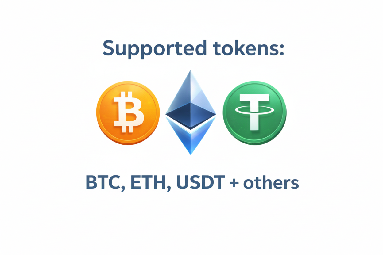 Supported tokens: Bitcoin, Ethereum and Tether (USDT), plus others