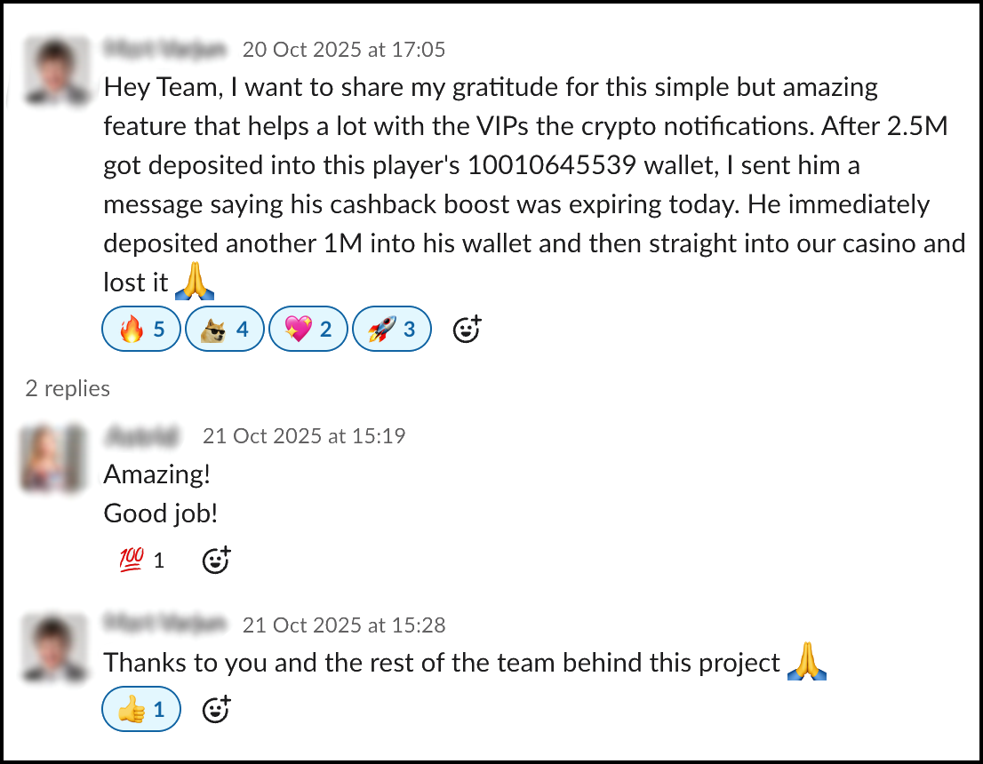 Slack conversation where a VIP manager thanks the team after a player deposited 2.5M and then another 1M following a crypto wallet alert