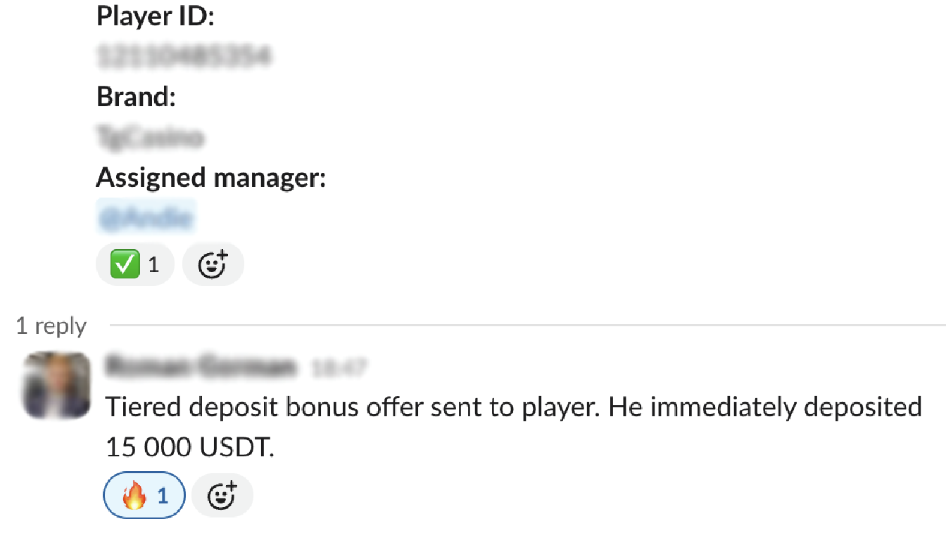 Slack thread showing a player ID, brand and assigned VIP manager, with a reply confirming a 15,000 USDT deposit after a bonus offer